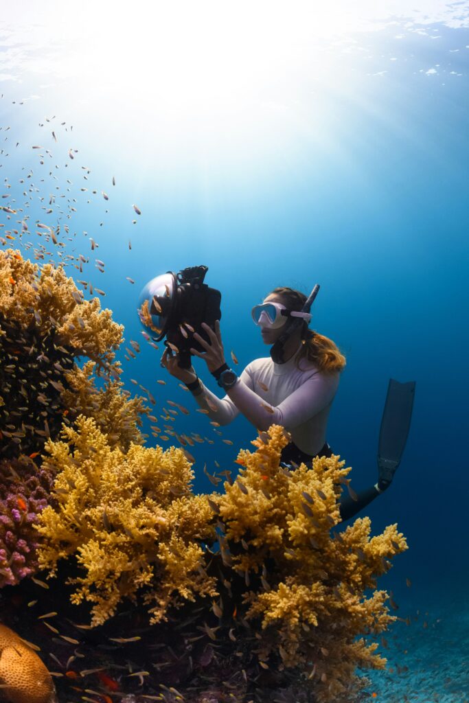 Scuba divers exploring colorful coral reef underwater