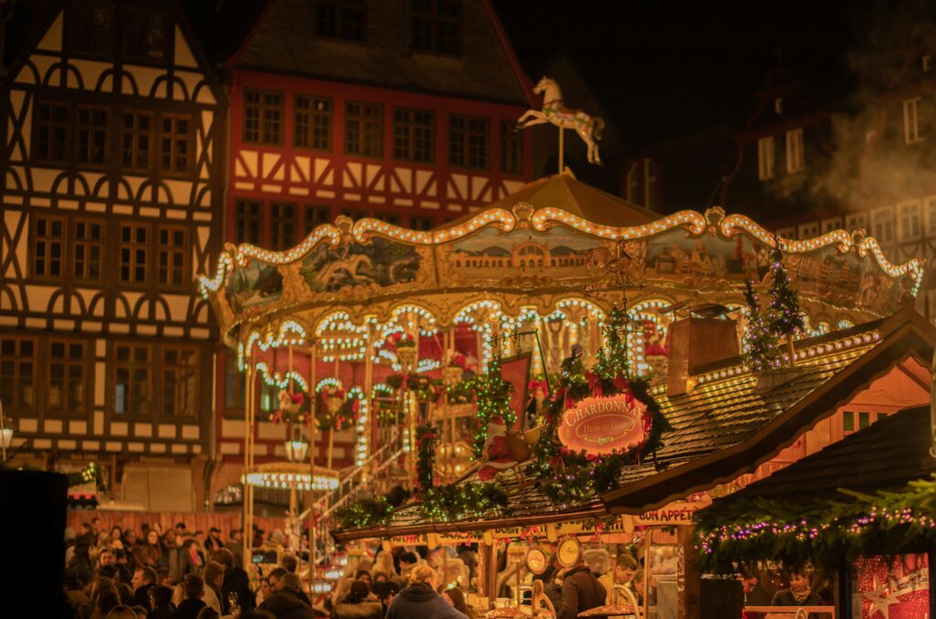 a beautiful historic carousel at the Frankfurt Christmas Market in Germany