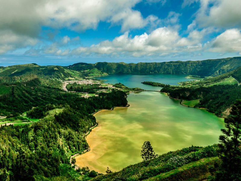 Aerial view of Sete Cidades twin lakes on São Miguel Island in the Azores, Portugal